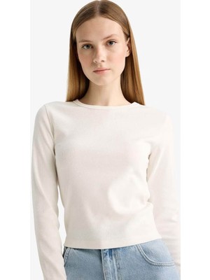 Defacto Coool Fitted Bisiklet Yaka Ribana Kırık Beyaz Kadın Uzun Kollu T-Shirt E7797AX/WT32