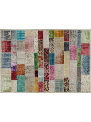 Bespoky Bej Vintage Patchwork Yün Halı | Salon Yatak Odası Halısı | %100 Doğal Yün El Yapımı El Dokuma