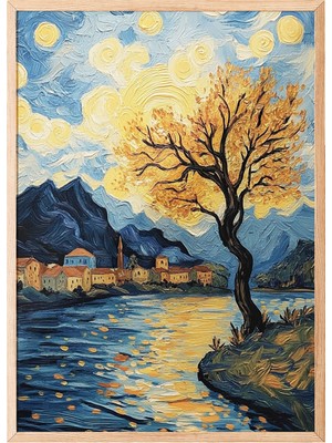 Ahşap Çerçeveli Tablo, Van Gogh Yıldızlı Gece Köprü Yorumu, Salon Dekoru Poster No: 108452