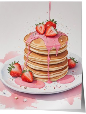Çerçevesiz Poster, Pancake Üzerinde Kiraz – Sevimli Stil, Mutfak Dekoru Poster No: 109486