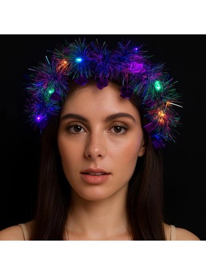 Kalp Püsküllü Gece Parıltısı 3 Modlu Led&amp;apos;li Işıklı Taç Mor Renk (4887)