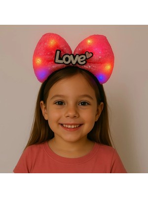 LED Işıklı Love Yazılı Fuşya Fiyonk Taç – Kız Çocuk Parti Tacı (4887)