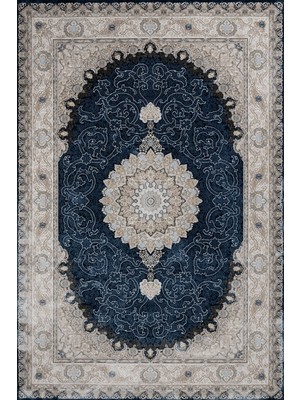 Hali.Net 120x180 cm Lacivert Bej Madalyonlu Geleneksel Klasik Halı | Salon Yatak Odası Halısı | Hav Vermez Leke Tutmaz | STN_EMPİRE-001T