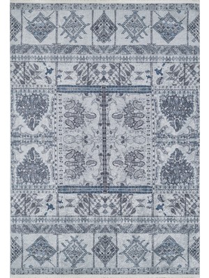 Rajkot Gri Modern Etnik Desenli Makinada Yıkanabilir Hav Toz Vermez Leke Tutmayan Kaymaz Taban Dijital Makine Baskı Salon Yolluk Mutfak Halı