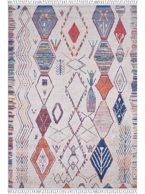 Hali.Net 80x250 cm Mavi Krem Elmas Bohem Geometrik Halı | Mutfak Yolluk Halısı | Hav Vermez Hipoalerjenik | HALN-HLN5060