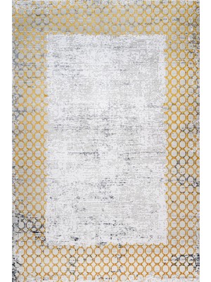  Çerçeveli Sarı Pamuk Kare Modern Desenli Pamuk Makinada Yıkanabilir Hav Toz Vermez Leke Tutmayan Kaymaz Taban Dijital Makine Baskı Salon Yolluk Mutfak Halı