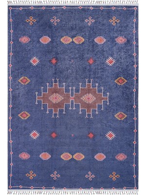 Miedzychod Lacivert Göbekli Etnik Modern Desenli Makinada Yıkanabilir Hav Toz Vermez Leke Tutmayan Kaymaz Taban Dijital Makine Baskı Salon Yolluk Mutfak Halı