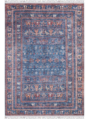 Hali.Net 120x180 cm Mavi Kırmızı Geometrik Vintage Geleneksel Halı | Salon Yatak Odası Halısı | Hav Vermez Hipoalerjenik | HALN-HLN5092