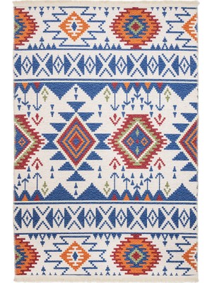 Hali.Net 120x120 cm Mavi Krem Geometrik Bohem Etnik Halı | Salon Yatak Odası Halısı | Hav Vermez Leke Tutmaz | 2411-DAİRE