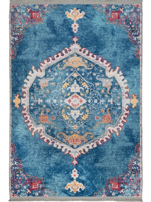 Hali.Net 80x150 cm Mavi Classic Modern Daire Yuvarlak Polyester Halı | Mutfak Balkon Salon Halısı | Hav Vermez Leke Tutmaz | CLASSİC-2202