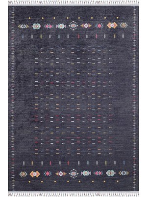 Hali.Net 80x250 cm Lacivert Antrasit Tribal Desenler Bohem Geometrik Ve Etnik Halı | Mutfak Yolluk Halısı | Hav Vermez Hipoalerjenik | HALN-HLN5100