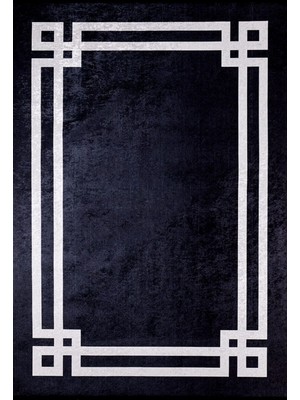 Hali.Net 80x150 cm Siyah Lacivert Geometrik Modern Çerçeveli Halı | Salon Mutfak Halısı | Hav Vermez Hipoalerjenik | HALN-HLN597