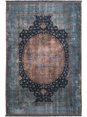 Hali.Net 80x150 cm Mavi Classic Modern Daire Yuvarlak Polyester Halı | Mutfak Balkon Salon Halısı | Hav Vermez Leke Tutmaz | CLASSİC-2204