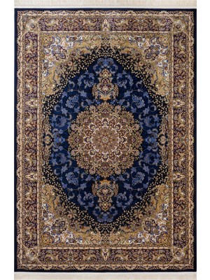 Hali.Net 120x180 cm Lacivert Çiçekli Klasik Medalyonlu Halı | Salon Yatak Odası Halısı | Hav Vermez Leke Tutmaz | SİLK-5158C