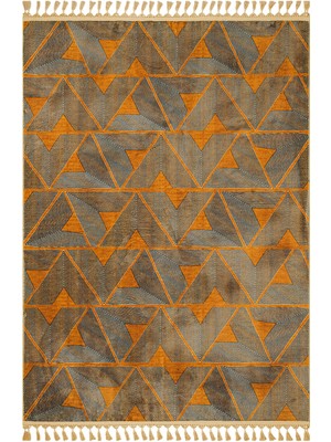 Prabhav Turuncu Geometrik Etnik Modern Desenli Bambu Makinada Yıkanabilir Hav Toz Vermez Leke Tutmayan Kaymaz Taban Dijital Makine Baskı Salon Yolluk Mutfak Halı