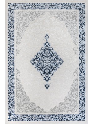 Mavi Klasik Etnik Modern Desenli Pamuk Makinada Yıkanabilir Hav Toz Vermez Leke Tutmayan Kaymaz Taban Dijital Makine Baskı Salon Yolluk Mutfak Halı