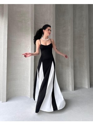 Gökyüzü Moda Askılı Beyaz Detaylı Maxı Kadın Elbise