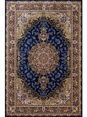 Hali.Net 120x180 cm Lacivert Altın Çiçekli Geleneksel Medalyonlu Halı | Salon Yatak Odası Halısı | Hav Vermez Leke Tutmaz | ARTEMİS_SİLK-5158C