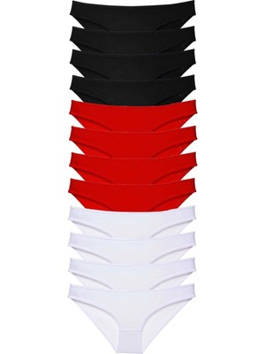 12 Adet Süper Eko Set Likralı Kadın Slip Külot Siyah Kırmızı Beyaz