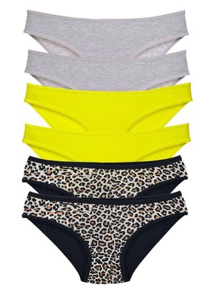 6 Adet Likralı Kadın Slip Külot Leopar Gri Sarı