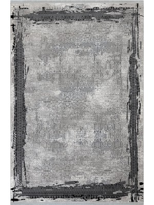 Melisende Çerçeveli Gri Polyester Dikdörtgen Modern Desenli Akrilik Hav Vermeyen Leke Tutmayan Kolay Temizlenen Yumuşak Makine Salon Yolluk Mutfak Halı