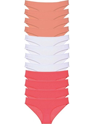 12 Adet Süper Eko Set Likralı Kadın Slip Külot Pudra Beyaz Fuşya