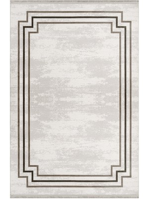 Inverloch Çerçeveli Krem Akrilik Daire Modern Desenli Akrilik Hav Vermeyen Leke Tutmayan Kolay Temizlenen Yumuşak Makine Salon Yolluk Mutfak Halı