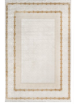 Pali Çerçeveli Krem Akrilik Dikdörtgen Modern Desenli Akrilik Hav Vermeyen Leke Tutmayan Kolay Temizlenen Yumuşak Makine Salon Yolluk Mutfak Halı