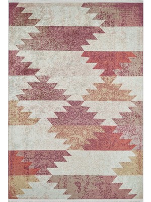 Attock Turuncu Modern Etnik Desenli Makinada Yıkanabilir Hav Toz Vermez Leke Tutmayan Kaymaz Taban Dijital Makine Baskı Salon Yolluk Mutfak Halı