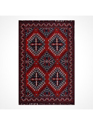 Kırmızı Çerçeveli Etnik Modern Desenli Pamuk Hav Vermeyen Leke Tutmayan Kolay Temizlenen Yumuşak Makine Salon Yolluk Mutfak Halı