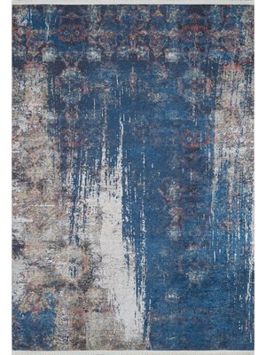 Badin Mavi Modern Etnik Desenli Makinada Yıkanabilir Hav Toz Vermez Leke Tutmayan Kaymaz Taban Dijital Makine Baskı Salon Yolluk Mutfak Halı