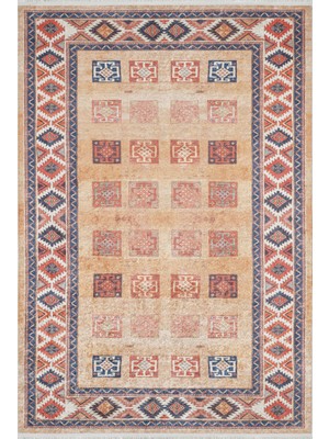 Hali.Net 80x150 cm Turuncu Bej Geometrik Etnik Etnik Halı | Salon Mutfak Halısı | Hav Vermez Hipoalerjenik | HALN-HLN1758