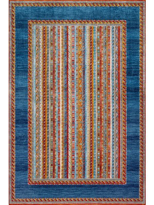  Çerçeveli Mavi Pamuk Dikdörtgen Modern Desenli Pamuk Makinada Yıkanabilir Hav Toz Vermez Leke Tutmayan Kaymaz Taban Dijital Makine Baskı Salon Yolluk Mutfak Halı