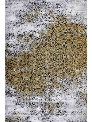 Bespoky 100x150 cm Altın Siyah Medalyonlu Modern Klasik Çiçekli Yıkanabilir Halı | Yatak Odası Mutfak Halısı | Leke Tutmayan, Kaymaz | ARTEMİS_CORFU-6351C
