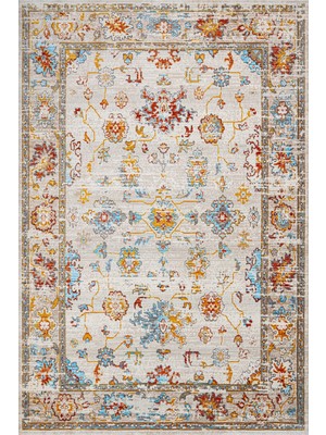  Çerçeveli Krem Pamuk Dikdörtgen Modern Desenli Pamuk Makinada Yıkanabilir Hav Toz Vermez Leke Tutmayan Kaymaz Taban Dijital Makine Baskı Salon Yolluk Mutfak Halı