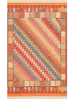 Turuncu Afgan Etnik Modern Desenli Hav Vermeyen Leke Tutmayan Kolay Temizlenen Yumuşak Makine Salon Yolluk Mutfak Halı