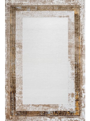 Hali.Net 240x240 cm Kahverengi Beyaz Geometrik Modern Soyut Çerçeveli Yıkanabilir Halı | Salon Yatak Odası Halısı | Leke Tutmaz Hipoalerjenik | CREA_AMAZON-12057B