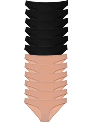 12 Adet Süper Eko Set Likralı Kadın Slip Külot Siyah Ten