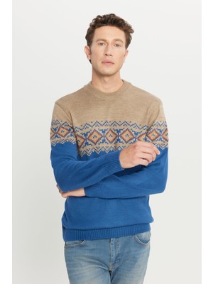 Altınyıldız Classics Erkek Bej-havacı Mavı Standart Fit Yarım Balıkçı Yaka Şardonlu Yumuşak Dokulu Triko Kazak