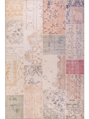 Chester Patchwork Krem Polyester Kare Modern Desenli Pamuk Makinada Yıkanabilir Hav Toz Vermez Leke Tutmayan Kaymaz Taban Dijital Makine Baskı Salon Yolluk Mutfak Halı