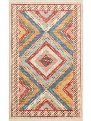 Kırmızı Afgan Etnik Modern Desenli Hav Vermeyen Leke Tutmayan Kolay Temizlenen Yumuşak Makine Salon Yolluk Mutfak Halı