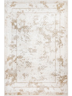  Çerçeveli Krem Pamuk Kare Modern Desenli Pamuk Makinada Yıkanabilir Hav Toz Vermez Leke Tutmayan Kaymaz Taban Dijital Makine Baskı Salon Yolluk Mutfak Halı