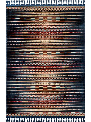 Hali.Net 140x200 cm Lacivert Etnik Bohem Çizgili Halı | Salon Yatak Odası Halısı | Hav Vermez Leke Tutmaz | MLS-5235