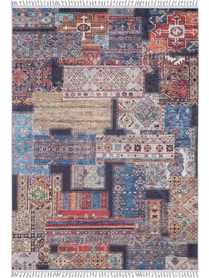 Hali.Net 80x150 cm Mavi Dijital Baskı Etnik Patchwork Halı | Mutfak Balkon Salon Halısı | Hav Vermez Hipoalerjenik | HALN-HLN5107