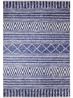 Hali.Net 80x250 cm Bej Mavi Çizgili Bohem Geometrik Halı | Mutfak Yolluk Halısı | Hav Vermez Hipoalerjenik | HALN-HLN941