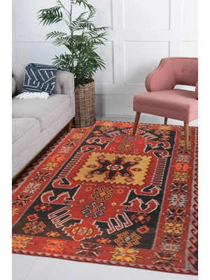 Gamboa Klasik Kırmızı Polyester Kare Modern Desenli Pamuk Makinada Yıkanabilir Hav Toz Vermez Leke Tutmayan Kaymaz Taban Dijital Makine Baskı Salon Yolluk Mutfak Halı