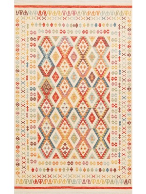 Krem Afgan Etnik Modern Desenli Hav Vermeyen Leke Tutmayan Kolay Temizlenen Yumuşak Makine Salon Yolluk Mutfak Halı