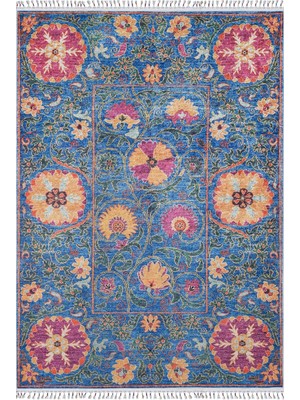 Bespoky 80x150 cm Mavi Çiçekli Bohem Büyük çiçekler Yıkanabilir Halı | Yatak Odası Mutfak Halısı | Leke Tutmayan, Kaymaz | HALN-HLN5069
