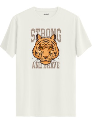 Kaplan Baskılı Strong And Brave Sokak Modası Rahat Günlük %100 Pamuk Tişört