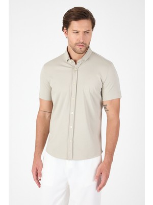 Taş Rengi Kısa Kol Düğmeli Yaka Cepsiz Performans Ürün Slim Fit  Gömlek 1004250256